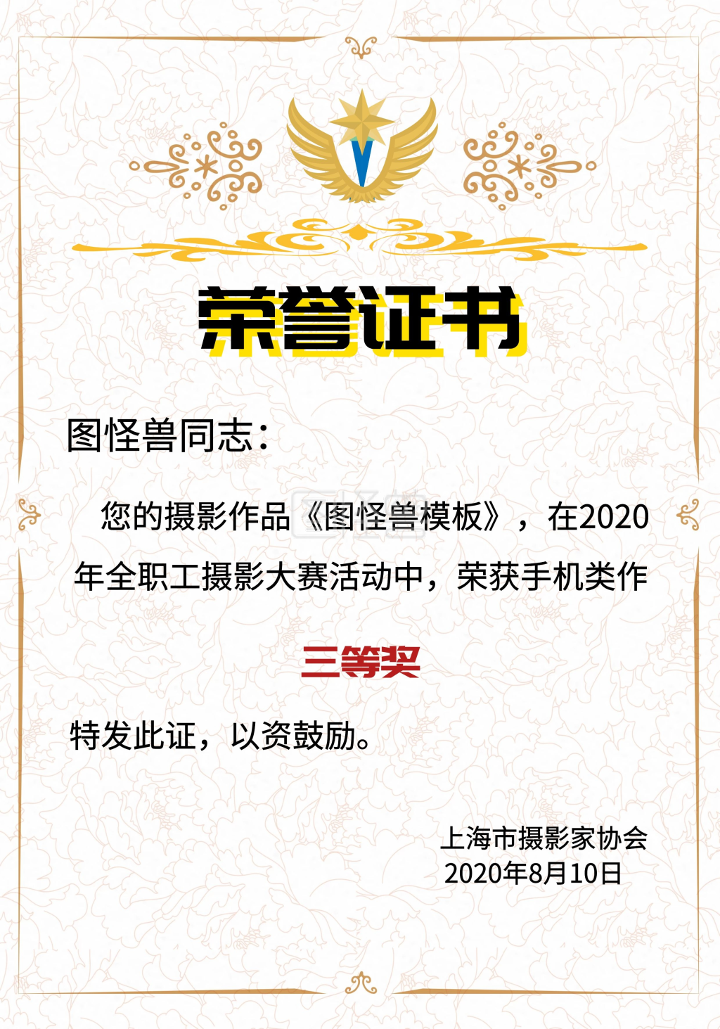 摄影作品展竖版黄底边框创意荣誉证书