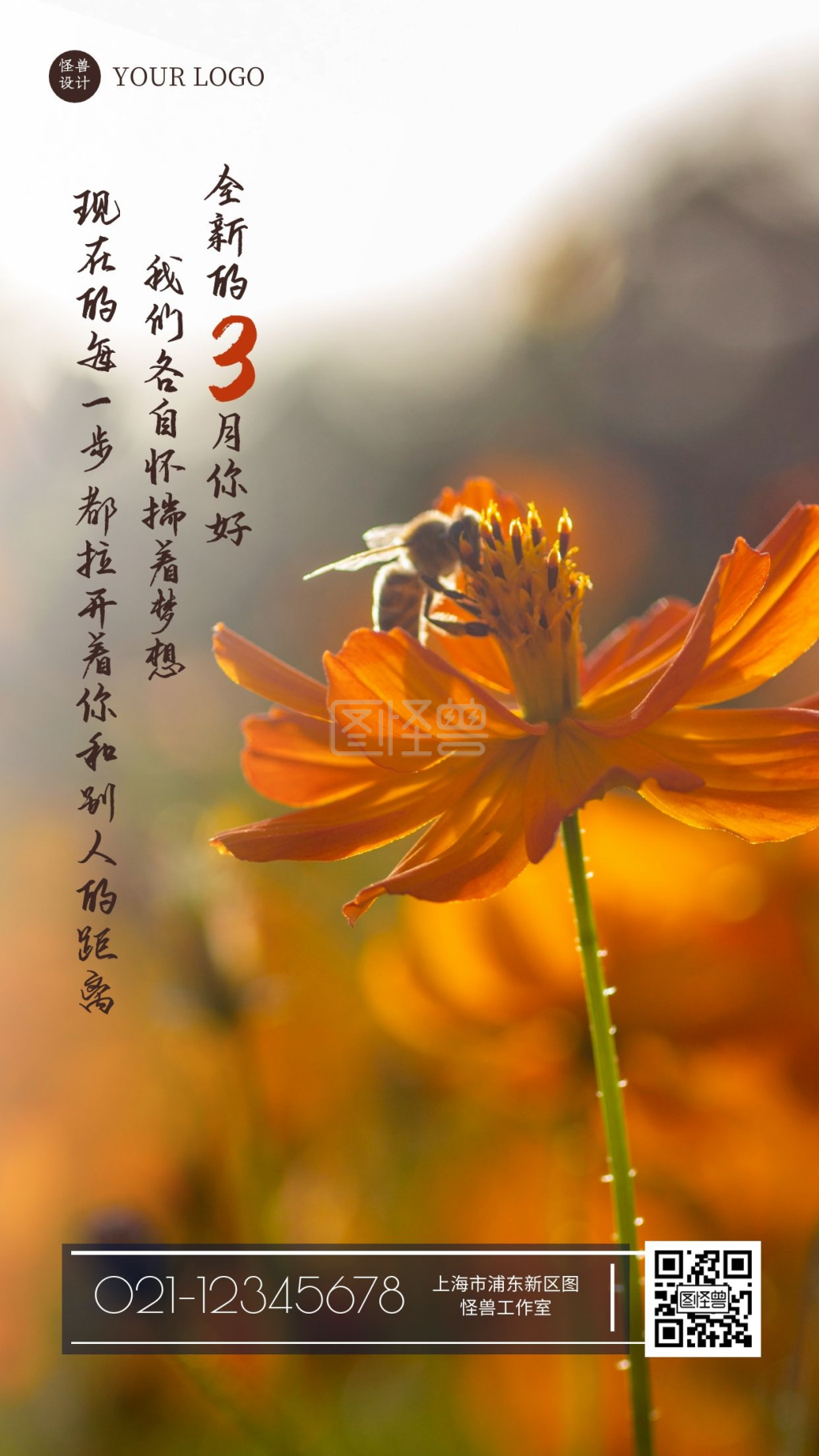 简约摄影风蜜蜂采蜜三月你好励志祝福日签