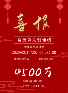 4500万 邀您共同见证 年度业绩突破 奋勇争先创佳绩 图怪兽团队战绩 INVITATION 2019我们再出发！ 2019/02/10/20：00-23：00 喜报