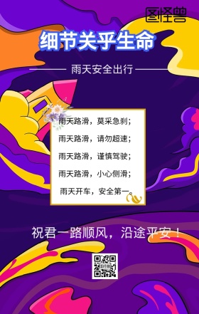 蓝色雨天安全出行宣传手机海报