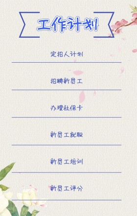 工作计划 定招人计划 招聘新员工 办理社保卡 新员工就职 新员工培训 新员工评分 周工作计划表手机策划列表手机海报