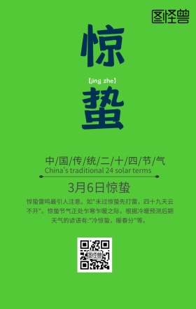 中国二十四节气惊蛰清新墨绿色手机海报