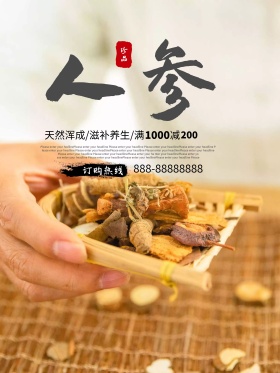 中国风创意补品中药人参优惠促销海报