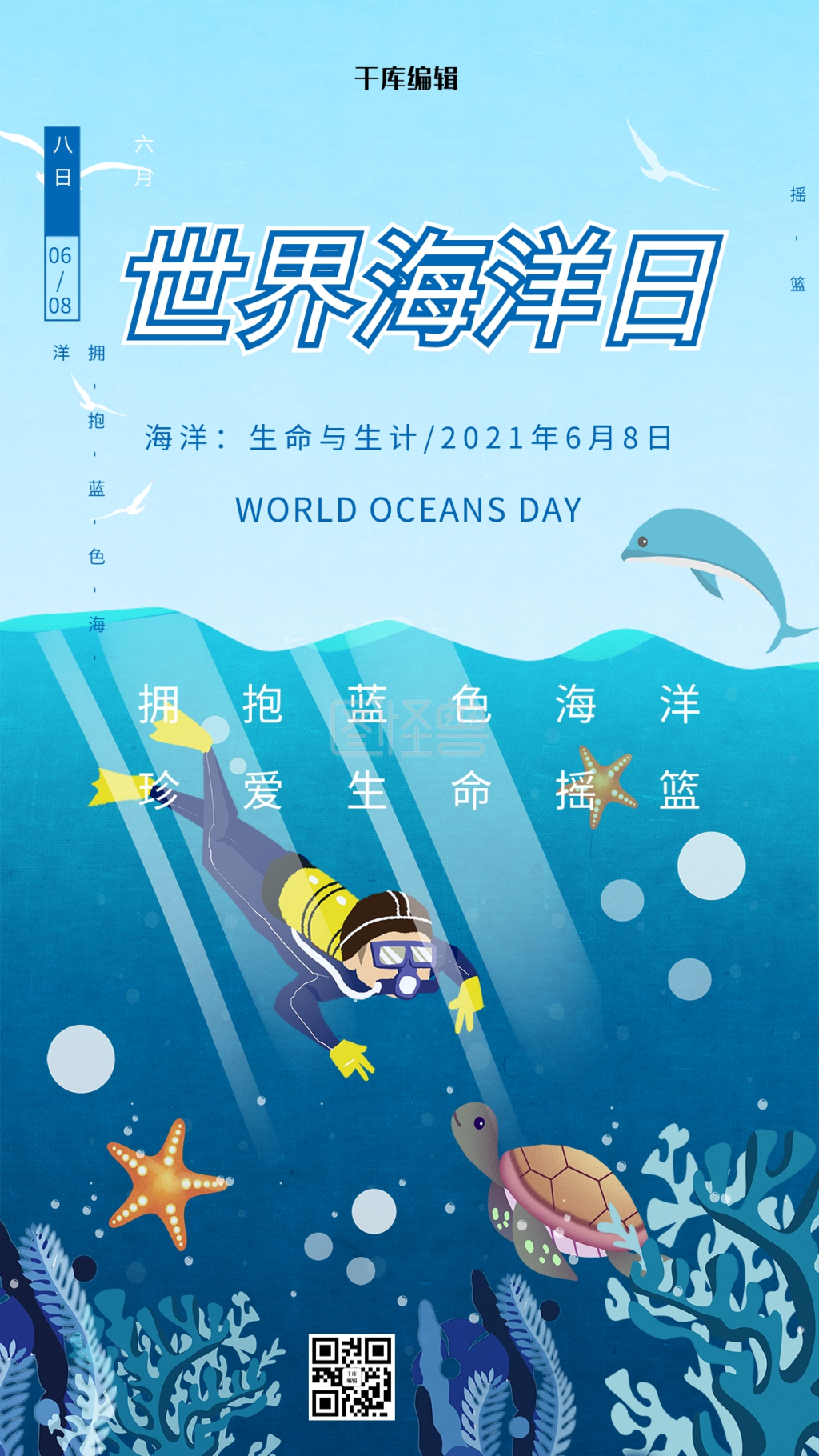 世界海洋日蓝色创意海报