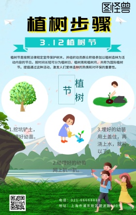 植树步骤图片绿色卡通手机海报