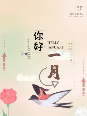 简约清新唯美你好一月海报