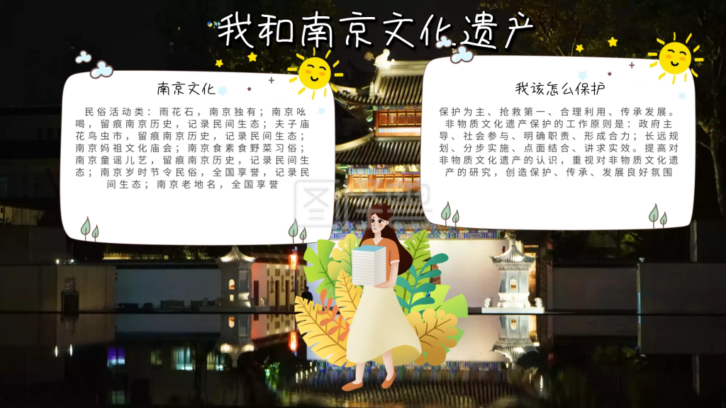 我和南京文化遗产蓝色白色卡通手抄报