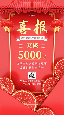 获奖喜报红底黄字简约大气手机海报