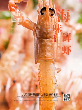 清新简约海味鲜虾新鲜上市促销海报