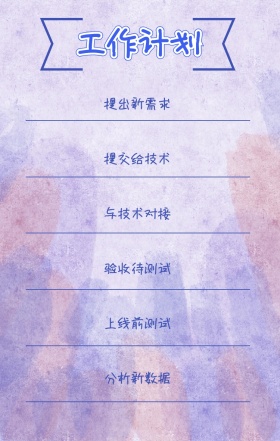 工作计划 提出新需求 提交给技术 与技术对接 验收待测试 上线前测试 分析新数据 周工作计划表手机策划列表手机海报