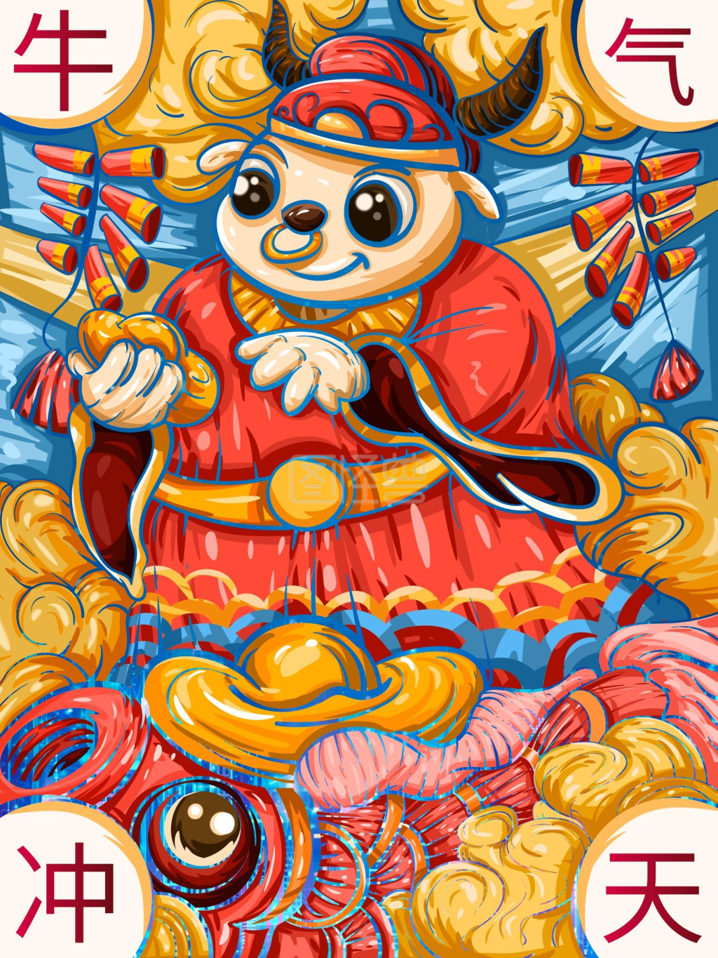 原创手绘国潮风牛年宣传海报