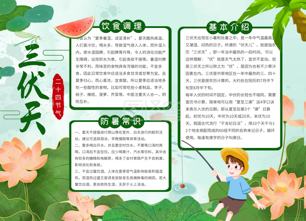 三伏天传统节气绿色卡通扁平手抄报