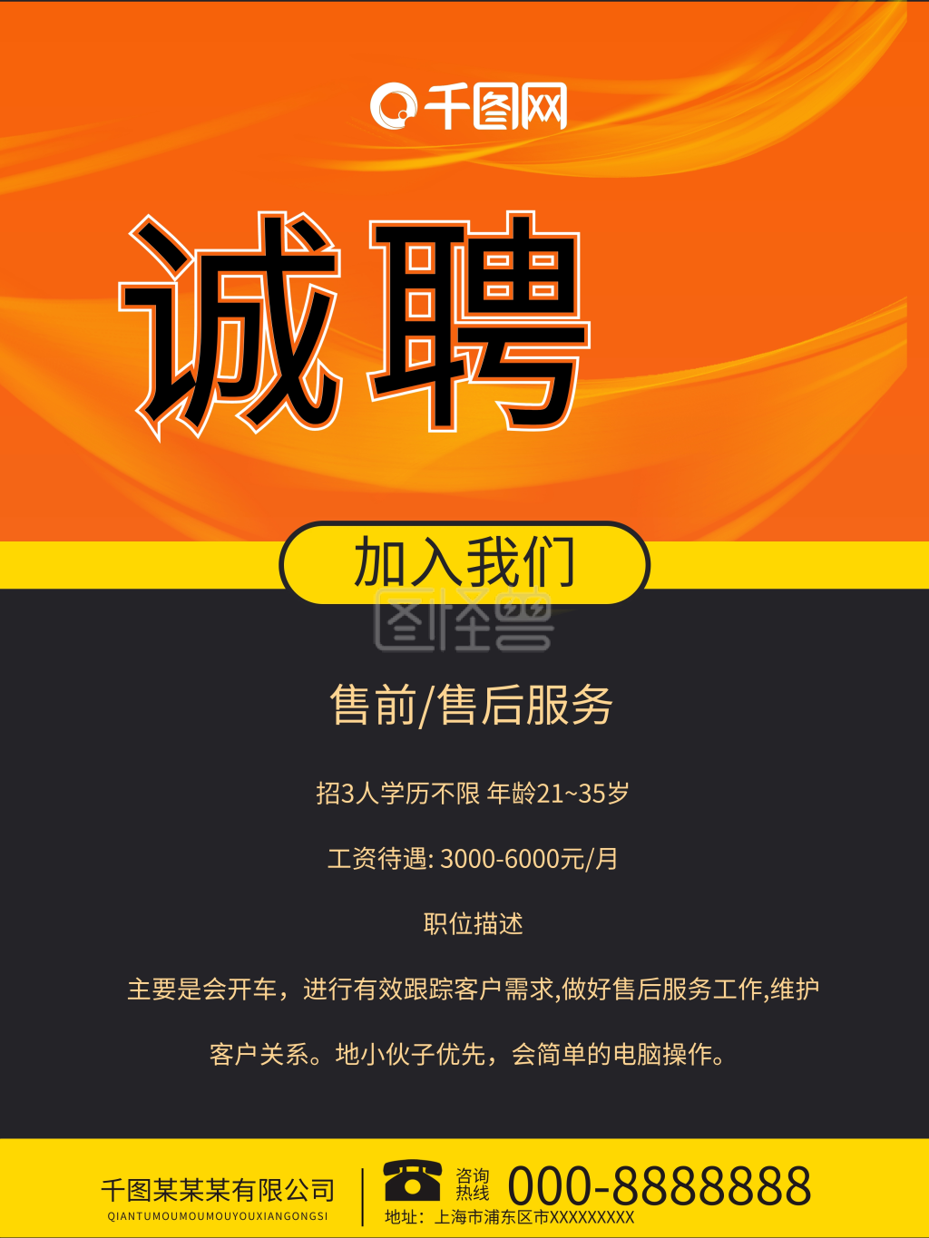 千图网橙色招聘海报