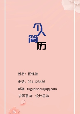 姓名：图怪兽 电话：021-123456 邮箱：tuguaishou@qq.com 求职意向：设计总监 简历封面