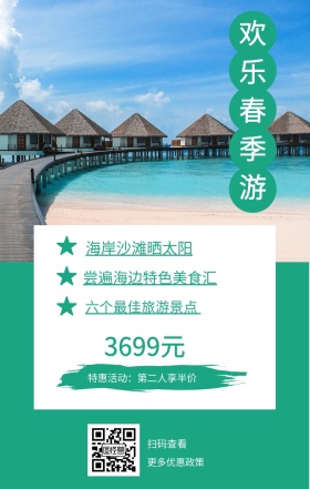 扫码查看 3699元 欢乐春季游 更多优惠政策 海岸沙滩晒太阳 六个最佳旅游景点  尝遍海边特色美食汇 特惠活动：第二人享半价 春游手机海报