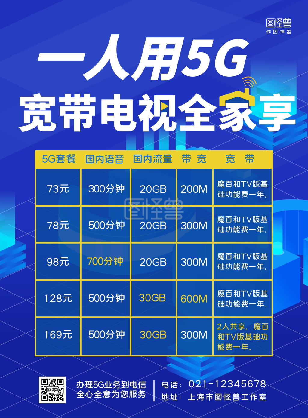 蓝色科技电信宽带5g套餐营销海报