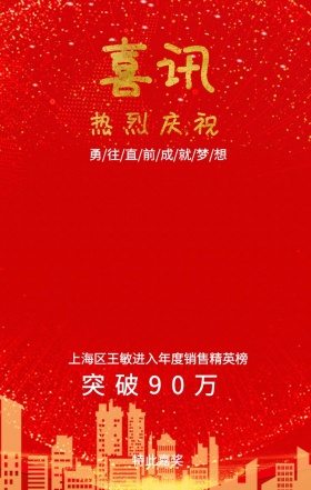 喜讯 热烈庆祝 特此嘉奖 突破90万 上海区王敏进入年度销售精英榜 勇/往/直/前/成/就/梦/想 2019年精美销售捷报手机海报