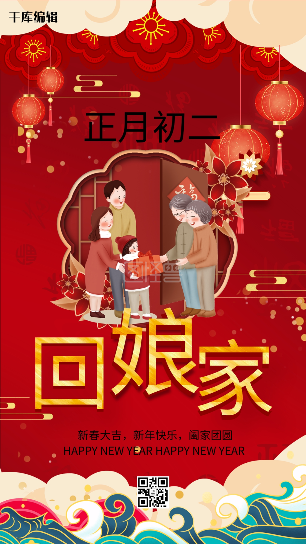 春节习俗大年初二红色中国风海报