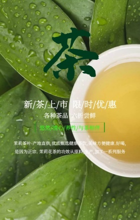 水墨风清新简约茉莉花茶促销优惠手机海报