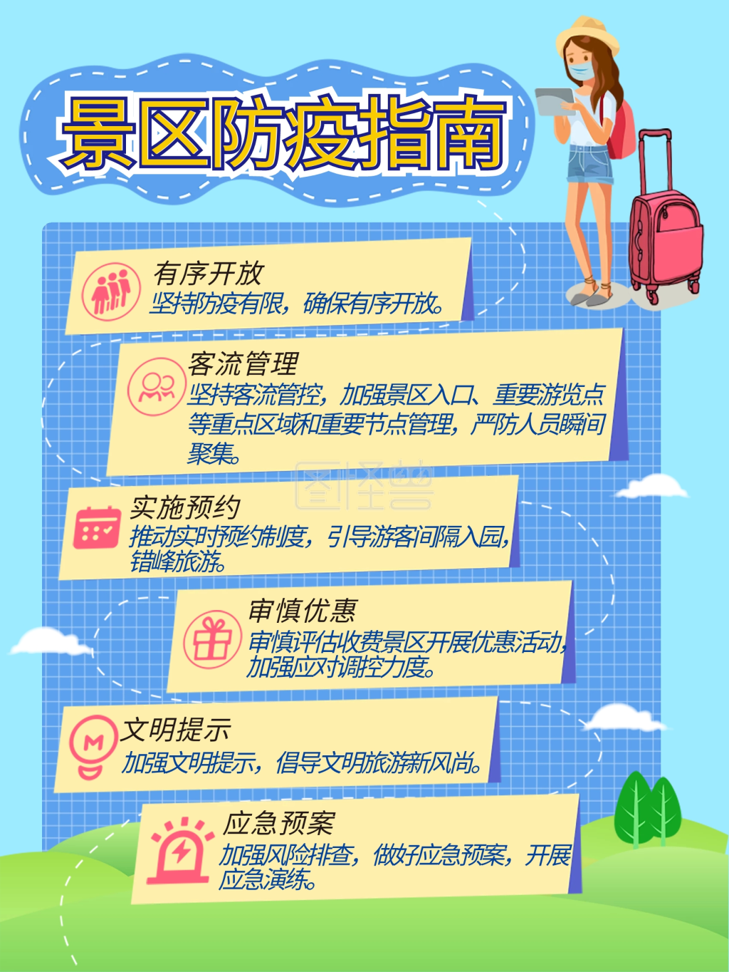 旅游景区疫情防控指南扁平风小清新海报