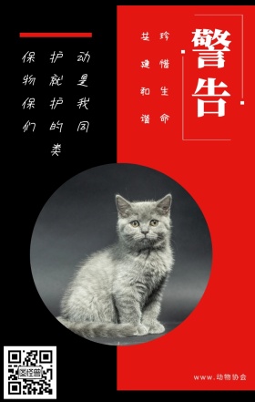 警告 珍惜生命 共建和谐 www.动物协会 保护动物就是保护我们的同类 保护动物公益宣传手机海报