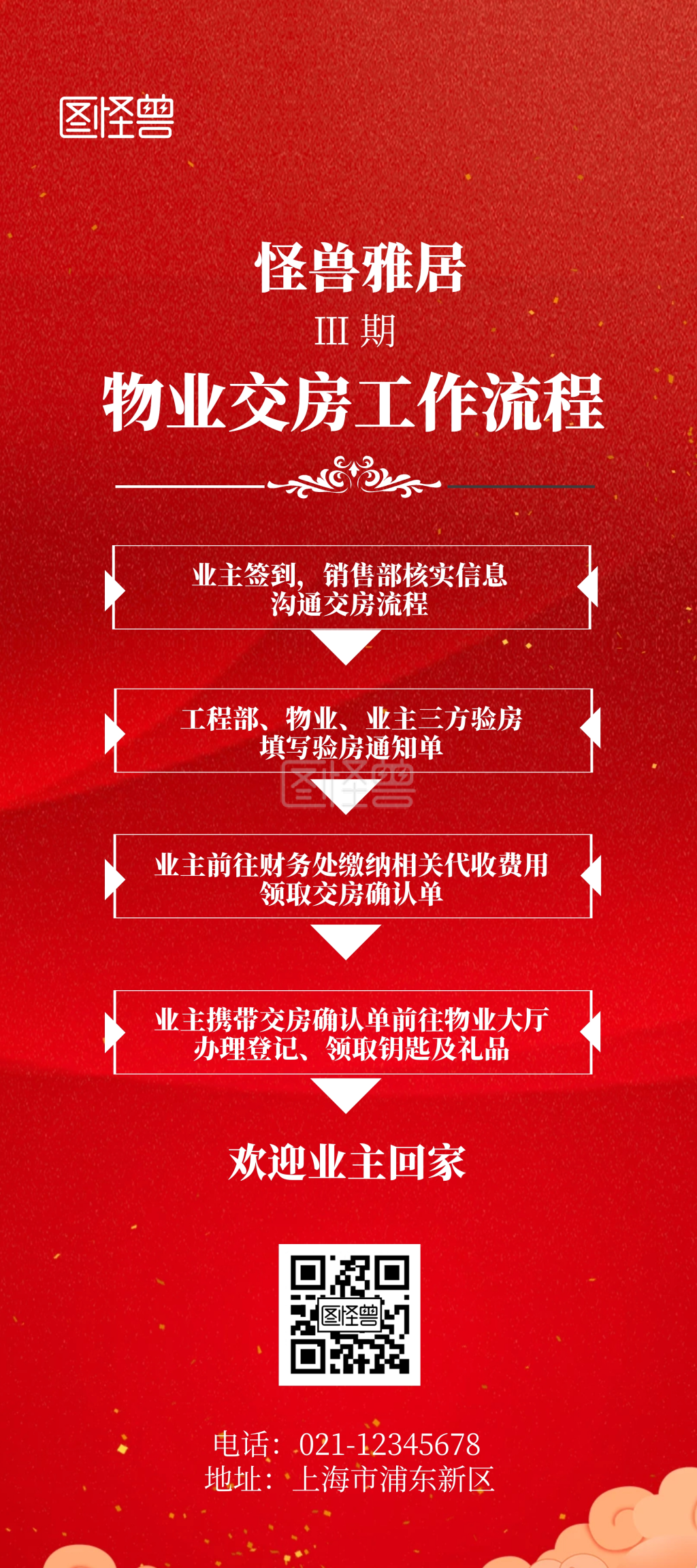 物业交房工作流程图红色简约风展架