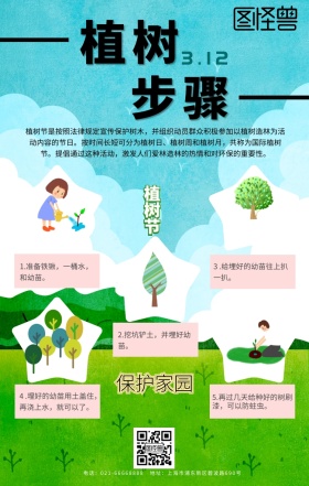 植树步骤图片绿色卡通手机海报