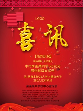 热烈庆祝高校高中考喜报红色海报设计