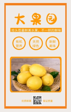 大果园 天然绿色 有机营养 新鲜美味 优质鲜果 保证质量 抢头茬最鲜美水果，不一样的鲜味 绿色新鲜水果果蔬手机海报
