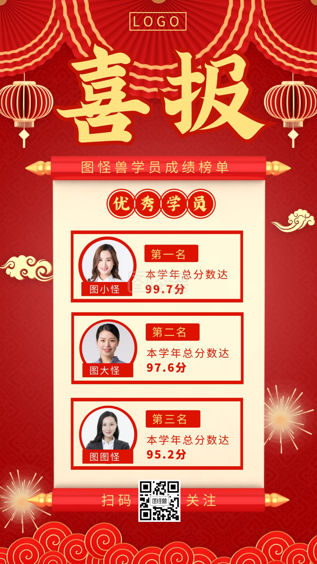 喜报优秀学员红色大气喜庆手机海报