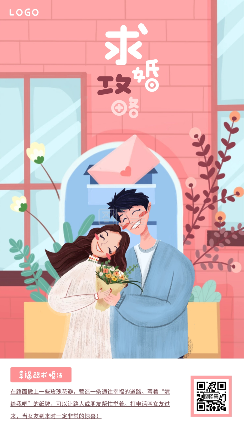 卡通插画风求婚成功攻略手机海报