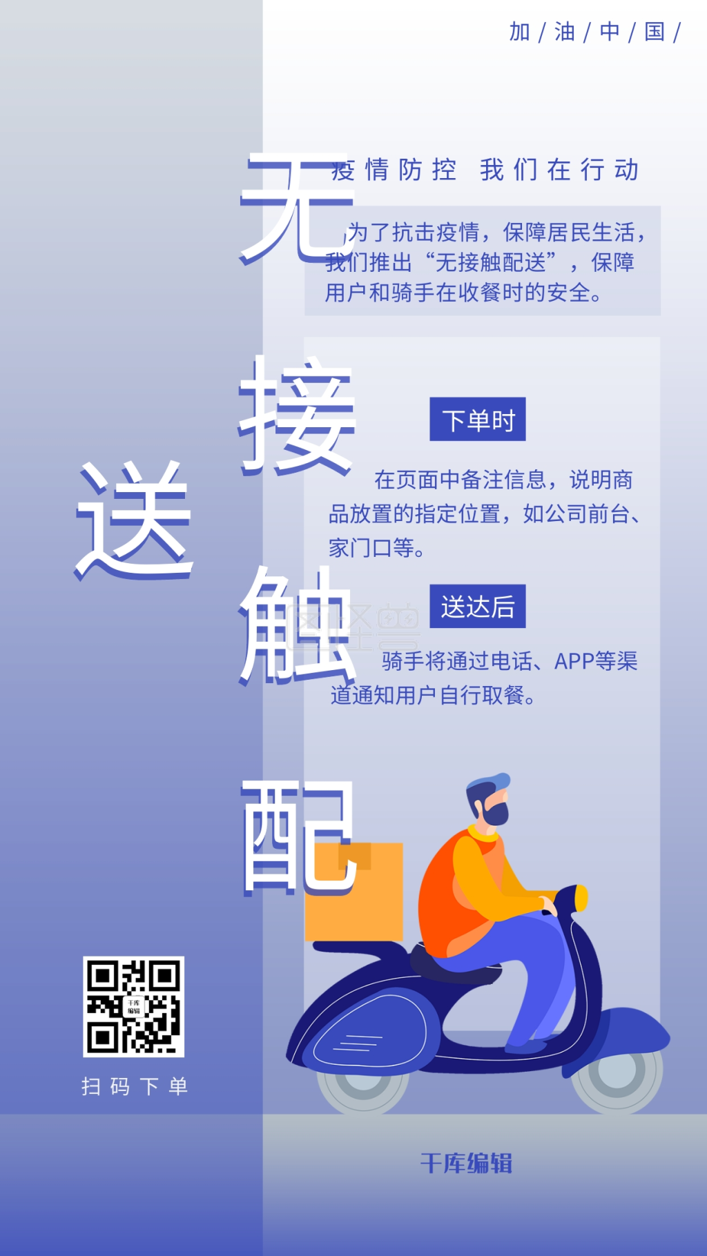 无接触配送外卖配送蓝色简约海报