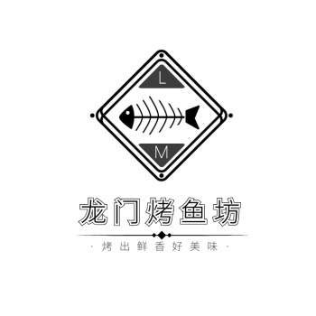黑色线条方形鱼骨简约烤鱼美食logo