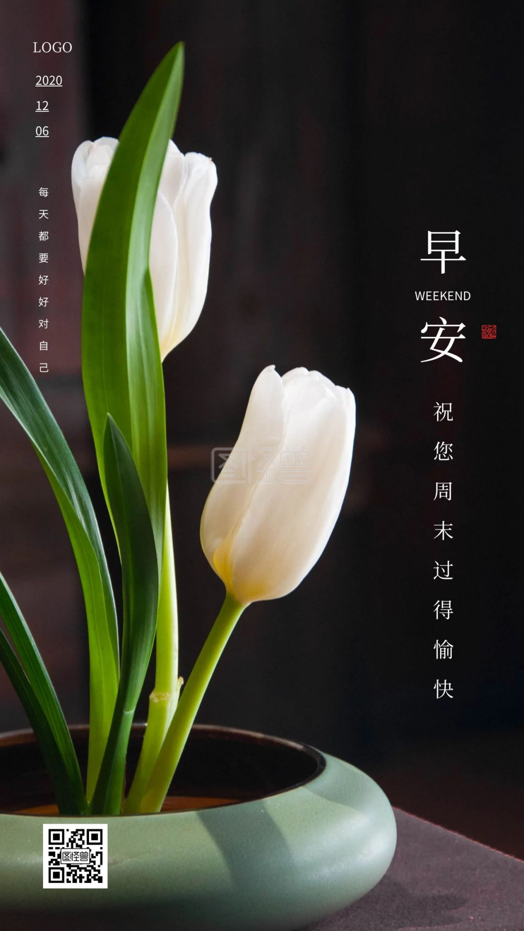 简约大气花朵盆栽2020早安周末日签