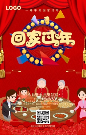 红色卡通回家过年手机海报高端喜庆中国红过年美美哒他乡开往家乡春节到家时春节回家吃妈妈做的饭回家小故事