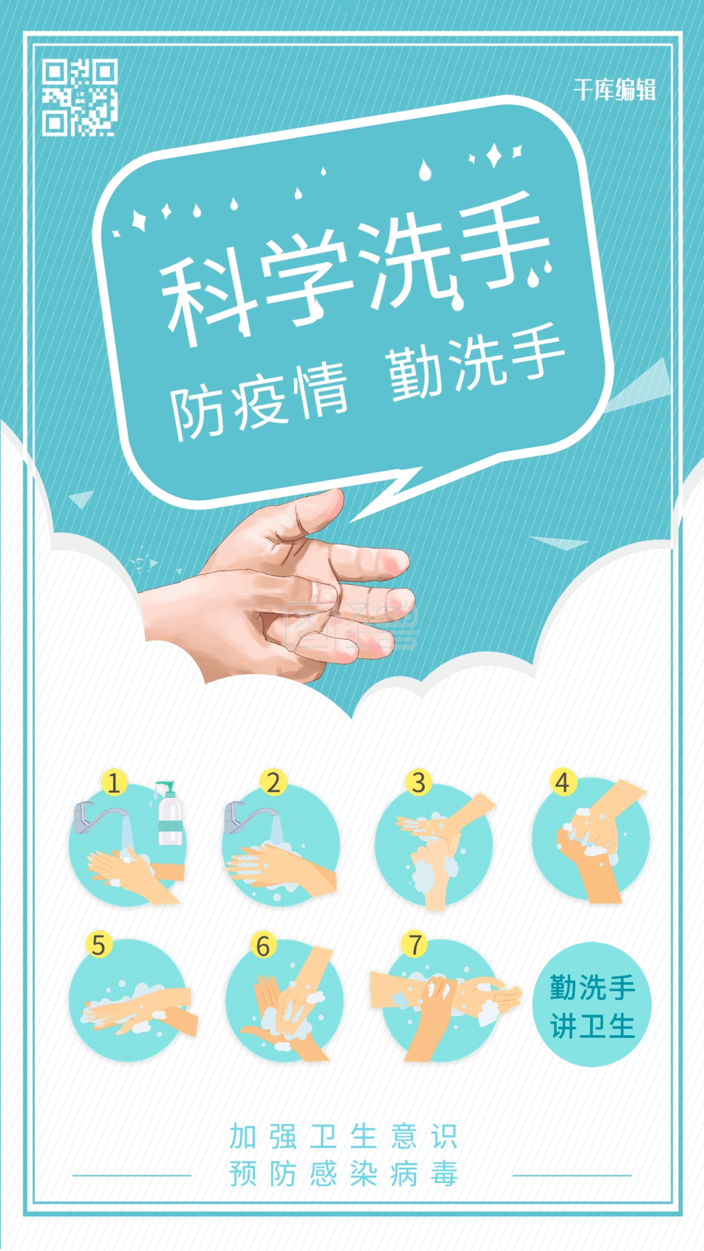 勤洗手七步洗手法绿色卡通海报