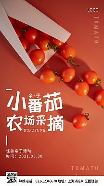 亲子小番茄农场采摘红色简约风手机海报