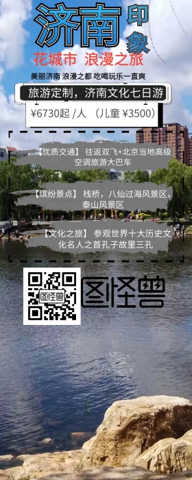济南旅游简约蓝色黑色白色风景营销长图