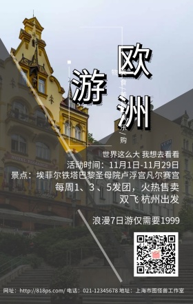 欧洲游灰色大气简约手机海报