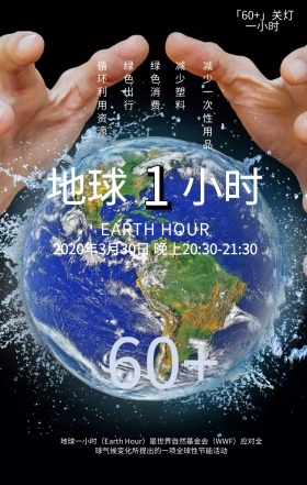 地球关灯一小时60+暗蓝色手绘手机海报