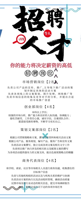 中国风招聘职员水墨画信息长图