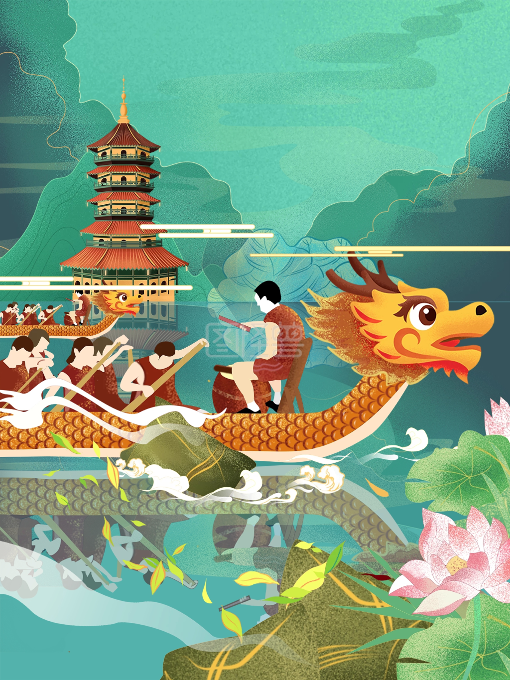 端午节划龙舟-手绘端午节龙舟粽子插画在线图片制作-图怪兽