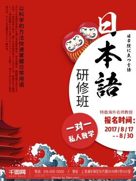 红色日本语培训班招生海报