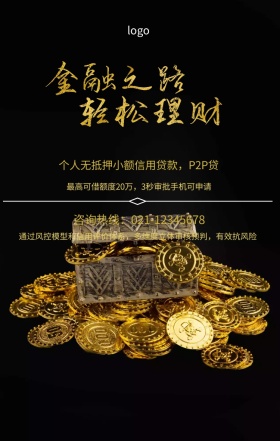  个人无抵押小额信用贷款，P2P贷 咨询热线：021-12345678 最高可借额度20万，3秒审批手机可申请 通过风控模型和信用评价体系，多维度立体审核预判，有效抗风险 投资理财手机海报