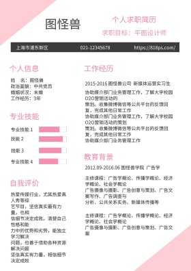 粉色几何简约线条平面设计师求职简历