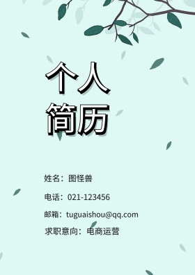 姓名：图怪兽 电话：021-123456 邮箱：tuguaishou@qq.com 求职意向：电商运营 简历封面
