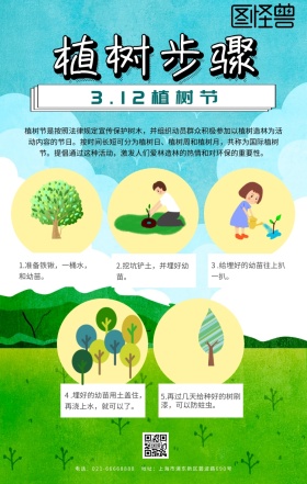 植树步骤图片绿色卡通手机海报