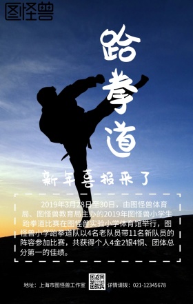 卡通拼接新年跆拳道喜报通告手机海报