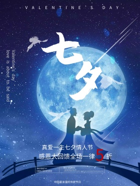 七夕蓝色星空流星喜鹊促销活动海报