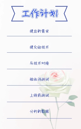 工作计划 提出新需求 提交给技术 与技术对接 验收待测试 上线前测试 分析新数据 周工作计划表手机策划列表手机海报